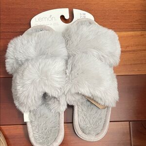 Lemon Soft Gray Plush Slippers